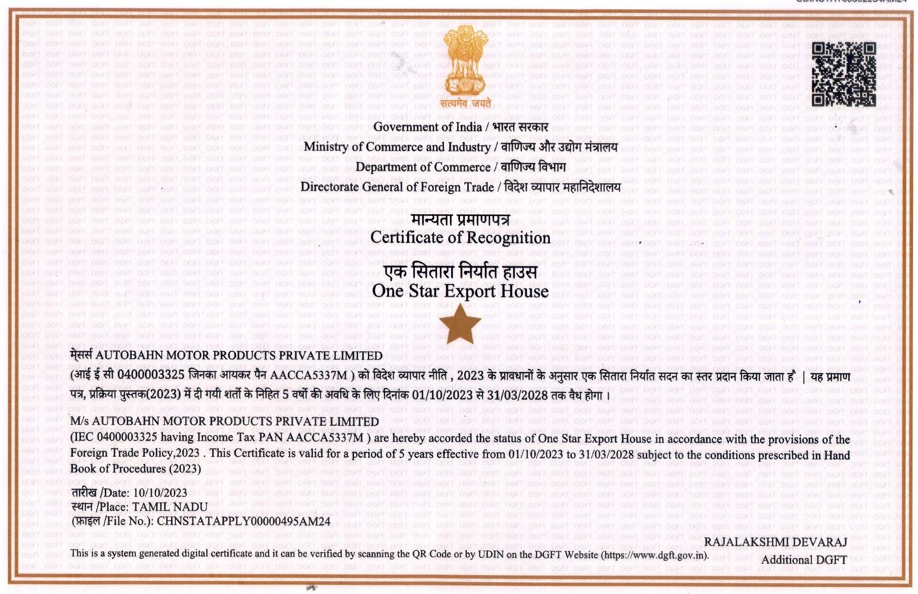 Directorate General of Foreign Trade One Star Export House certificate