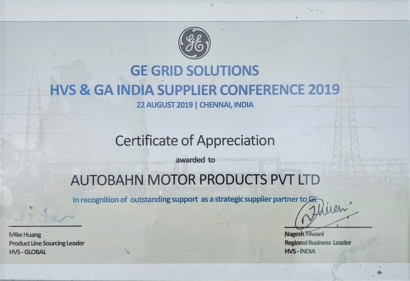 GE Grid Solutions Certificate of Appreciation awarded to Autobahn Motor Products, 2019