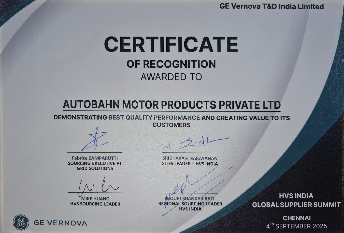 GE Vernova Certificate of Recognition awarded to Autobahn Motor Products, 2025