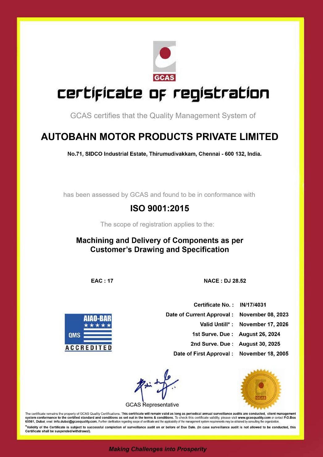 ISO 9001:2015 certificate of registration for Autobahn Motor Products Private Limited