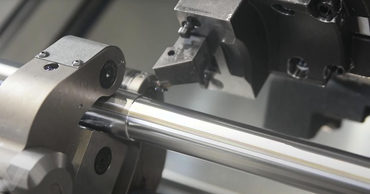 Close-up of a turning operation on a precision component