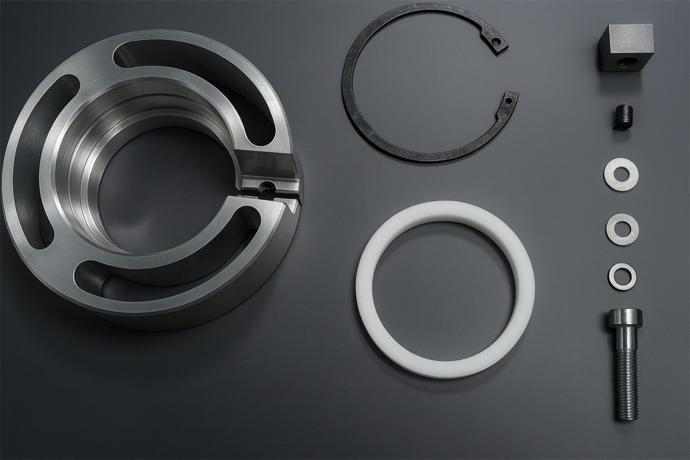 Clamp sub-assembly shown as separate components: machined body, retaining ring, seal, washers and fasteners